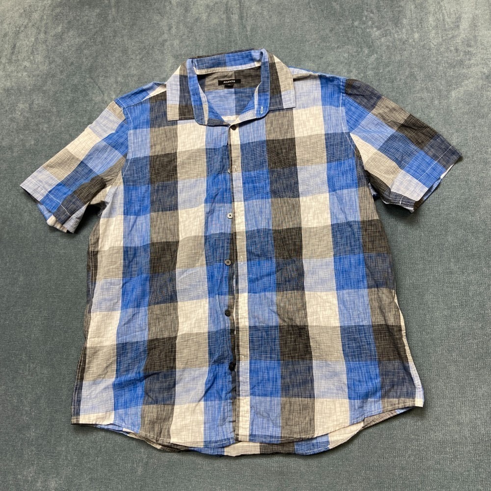 Alfani Shirt Mens XL Blue Buffalo Plaid Cotton Casual Short Sleeve Button Up